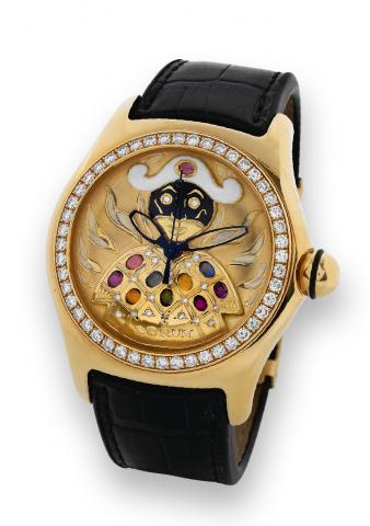 Bubble _ Chouchou.Corum, Bubble _ Chouchou, case No. 666089.Ref. 82.151.65. Made circa 2000..Fine and atypical, large, curved, center seconds, self-winding.water-resistant, 18K yellow gold and diamond wristwatch with.42-hour autonomy, a thick domed crysta