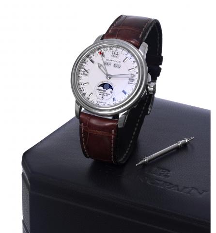 2100.Blancpain, 2100, Complete Calendar - Moon.Phase, No. 3129, Ref. 2763. Sold in January 2002..Fine, self-winding, water-resistant, stainless steel wristwatch.with triple date and moon phases, 100-hour power reserve.and a stainless steel Blancpain buckl