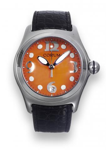 Boutique.Corum, Bubble Boutique.case No. 646326, Ref. 163.150.20..Made circa 2001..Fine and unusual, center-seconds, waterresistant.curved, stainless steel quartz.wristwatch with date, thick domed.crystal creating a lens effect, and a.stainless steel Coru