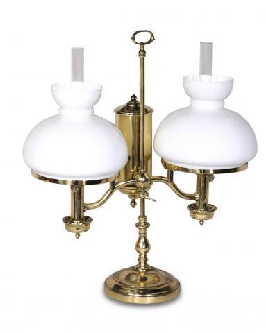 Double Oil Lamp.Kosmos Brenner, French, retailed by Miller & Sons.179 Piccadilly (London)..Very fine and rare, large brass double oil lamp with milk glass.shades..To be sold without reserve