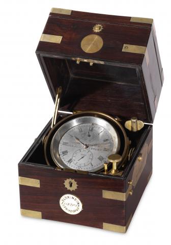 Two-Day Marine Chronometer.Parkinson & Frodsham, Change Alley, London, No..3325. Made circa 1860..Fine, small, mahogany-cased two-day marine chronometer.with power reserve indication.