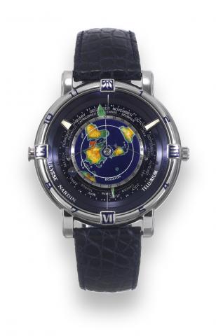 Platinum Tellurium No. 00.Ulysse Nardin, Tellurium Johannes Kepler, No. 00.Ref. 889-99. Made in a limited edition of 99 examples in 1992..Very rare and unusual, astronomic, water-resistant, two time zone.self-winding, platinum wristwatch with moon phases,