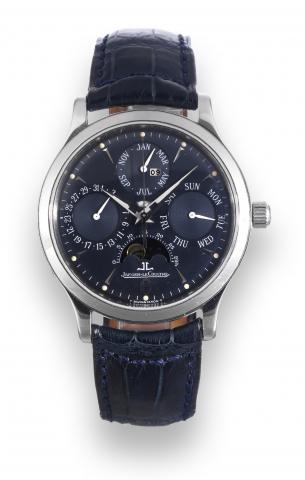 Platinum.Master Perpetual.Jaeger-LeCoultre, Master Perpetual.case No. 246/250, Ref. 140.6.80. Made.in a limited edition of 250 examples in.2003..Very fine and rare platinum wristwatch.with perpetual calendar and.moon phases, with hinged back and a.platinu