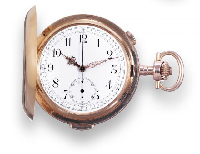 Quarter Repeating with Chronograph.Tempora (Le Phare), Le Locle & La Chaux de Fonds, No. 325165. Made circa 1910..Fine, large, quarter-repeating, 14K pink gold hunting-cased keyless pocket watch with chronograph..To be sold without reserve