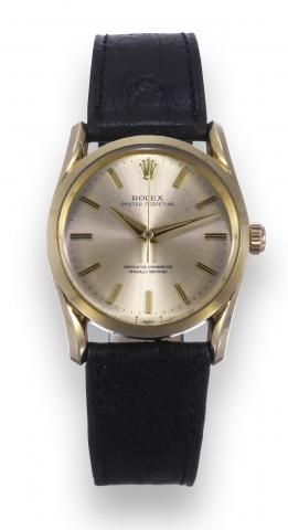 Ref. 1010.So-called Bombay.Rolex, Oyster Perpetual, Superlative.Chronometer, Officially Certified, case.No. 933961, Ref. 1010/1011. Made in.1962..Fine and rare, center seconds, selfwinding.water-resistant, 14K yellow.gold chronometer wristwatch with an.18