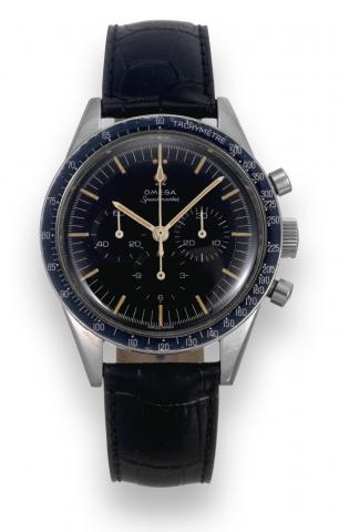 Ed White.Omega, Speedmaster, movement No. 20522028, Ref..ST 105.003-63. Made in 1963..Fine and rare, water-resistant, stainless steel wristwatch with.round button chronograph, registers and tachometer, and a.later Omega steel buckle. Accompanied by a mode