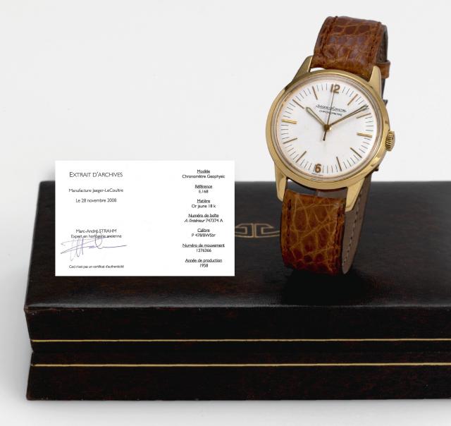 Gold Geophysic.Jaeger-LeCoultre, Geophysic, Chronometre, movement No. 1276366, case No. 747374A, Ref. E168..Made in 1958..Very fine and extremely rare, water-resistant, anti-magnetic to 600 Gauss, indirect center seconds, 18K.yellow gold chronometer wrist