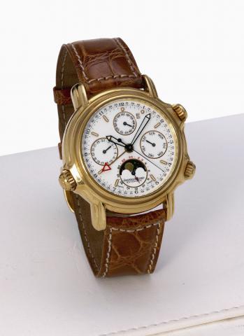 Grand R_veil.Jaeger-LeCoultre, Calendrier Perp_tuel, Grand.R_veil, No. 0080, Ref. 180.1.99. Made in the 1990s..Very fine, center-seconds, self-winding, water-resistant, 18K.yellow gold wristwatch with perpetual calendar, moon phases.mechanical alarm on a 