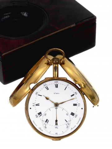 Deck Chronometer with.Arnold Spring Detent Escapement.Grant, Fleet Street, London, No. 2041. Made circa 1795..Very fine and extremely rare, large gilt-metal, pair-cased pocket.and deck chronometer with Arnold