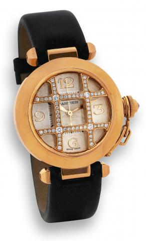 Pink Gold Pasha Grille.Cartier, No. 19271 CE, Ref. 2620. Made in 2003, sold.on November 20th, 2004..Very fine, center seconds, self-winding, water-resistant, 18K.pink gold and diamond wristwatch with an 18K pink gold.Cartier buckle. Accompanied by the ori
