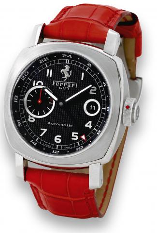 GMT Ferrari.Engineered by Officine Panerai, Ferrari GMT, Automatic,.case No. BB 1234153, Ref. F 6655. Made in 2007..Fine, large, cushion-shaped, self-winding, water-resistant, two.time zone, stainless steel wristwatch with date and a stainless.steel Ferra