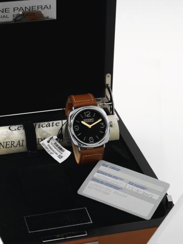 PAM 232 Radiomir.Officine Panerai, Firenze 1860, Radiomir, No. I 0730/1938, case No. BB1224871, Ref. OP 6659. Made in a limited.edition of 1938 examples in 2006..Fine, large, cushion-shaped, water resistant to 100 m, stainless steel wristwatch with a stai