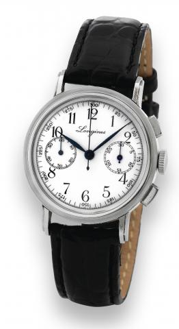 Steel Chronograph Cal. 13ZN.Longines, Chronograph, No. 5765820, case.No. 21346, Ref. 53. Made in the 1950s..Fine and rare, stainless steel wristwatch with square button.chronograph, register and a stainless steel Longines buckle.