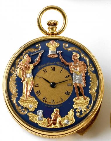 Five-Minute Repeater Automaton.International Watch Co, Schaffhausen, Swiss, No. 2302557, case No. 2274151, Ref. 5225. Made in the 1960s..Fine and very rare 18K yellow gold keyless five-minute repeating pocket watch with automaton striking Jacks.