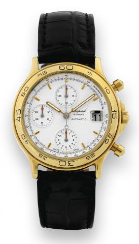 Gold Chronograph.Chopard Chronograph Automatic, Ref. 1181..Made in the 1990s..Fine, self-winding, water-resistant, wristwatch with round.button chronograph, registers, tachometer and a gold-plated.Chopard buckle..To be sold without reserve