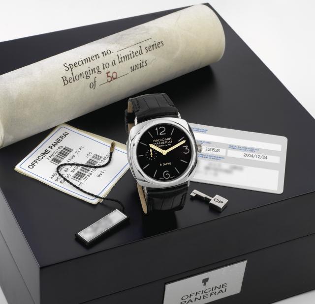 PAM 198 Platinum Radiomir 8 Days.Officine Panerai, Firenze 1860, Radiomir 8 Days, No. G 07/50, Ref. OP 6615. Made in a limited edition of 50.pieces in 2004..Very fine and rare, large, cushion-shaped platinum wristwatch, water resistant to 100 m, with an 1