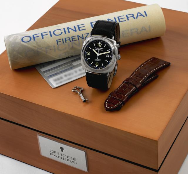 White Gold Seconds Counter.Officine Panerai, Firenze 1860, Radiomir, Seconds Counter, No. D 56/75, Ref. OP 6549. Produced in a limited edition.of 75 examples in 2001..Very fine, large, cushion-shaped, water resistant to 100 meters, 18K white gold diver