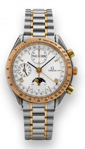 Automatic Triple Date.Omega, Automatic, Triple Date, No. 53166989, Ref. 8251. Made circa 2003..Fine, self-winding, water-resistant, stainless steel and pink gold wristwatch with round button chronograph, registers, triple date.moon phases, pink gold bezel