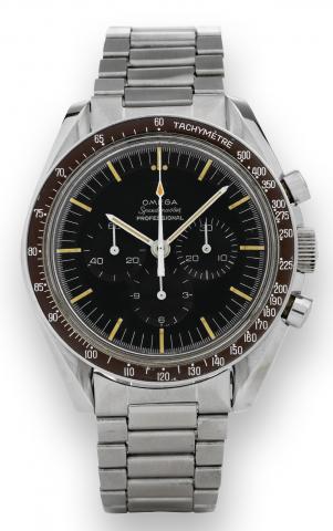 Speedmaster Professional.Omega, No. 24952916, Ref. S 105.012-66. Made in 1965..Fine and very rare, water-resistant, stainless steel wristwatch with round button chronograph, registers and a stainless steel Omega.link bracelet.