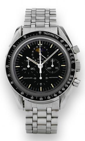 Speedymoon.Omega, Speedmaster Professional, No. 47132956, Ref. ST 345.0809. Made in 1987..Fine and rare, astronomic, water-resistant, stainless steel wristwatch with round button chronograph, date, moon phases.registers, black bezel with tachometer gradua