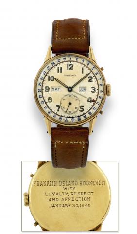 Unique and Historically Important Wristwatch Gifted to and Worn by Franklin Delano Roosevelt..Triple Date Movado, case No. T249743, Ref. 44776, retailed by Tiffany & Co. Made in 1944..Fine 14K yellow gold wristwatch with triple date calendar. Accompanied 