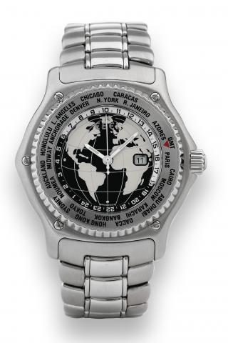 Ebel, Voyager World Time..A fine stainless steel, tonneau-shape, waterresistant.self-winding, center-seconds world-time wristwatch.with date on stainless steel Ebel bracelet with concealed.folding clasp..To be sold without reserve