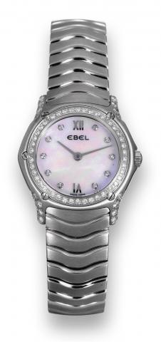 Classic Wave.Ebel, Classic Wave, case No..56506656, Ref. E9090F29-10. Made in.the 2000s..Fine and elegant, stainless steel and.diamond lady