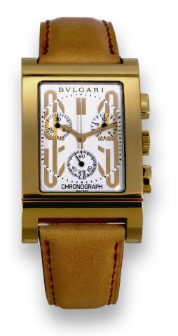 Bulgari, Rettangolo Chronograph.case No. L1535, Ref..RTC49G. Made in the 2000s..Fine, rectangular, curvex, 18K yellow.gold quartz wristwatch, square button.chronograph, registers, date and an.18K yellow gold Bulgari buckle..To be sold without reserve