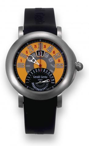 Arena BiRetro.G_rald Genta, Arena BiRetro.case No. 119528, Ref. BSP.Y.80. Made.circa 2006..Fine, self-winding, water-resistant, jump.hour titanium wristwatch with retrograde.minutes and retrograde date with.a stainless steel G_rald Genta double.deployant 