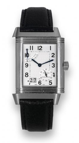 Jaeger-LeCoultre, Reverso, Grande Date, case No..2191621, Ref. 240.8.15. Made circa 2005..Fine, rectangular and reversible, water-resistant stainless.steel wristwatch with large date, double spring barrels with.8-day power reserve and a stainless steel Ja