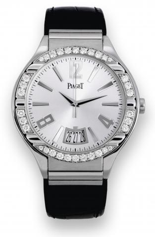 Grande Polo.Piaget, Grande Polo, case No. 988051, Ref..P10408. Made circa 2007..Very fine, self-winding, center seconds, 18K white gold and.diamond wristwatch with large date and an 18K white gold.deployant clasp.