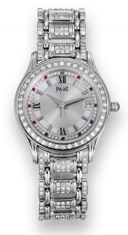 White Gold.Diamonds.Piaget, case No. 623717, Ref. 23005 M.503 D. Made in the 2000s..Very fine and elegant, 18K white.gold, water-resistant, center-seconds.diamond, ruby and mother of pearl-set.lady