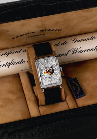 Meridiano.Franck Muller, Geneve, Long Island _ Meridiano.No. 54/100, Ref. 1000SC. Made in a limited edition of 100.pieces in the 2000s..Fine, rectangular and curved, self-winding, water-resistant.stainless steel wristwatch with Europe map dial and a stain