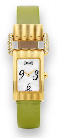 Yellow Gold and.Diamond Miss.Protocole.Piaget, Ref. 5322, made circa 2007..Fine and unusual, water resistant, 18K.gold and diamond set rectangular lady