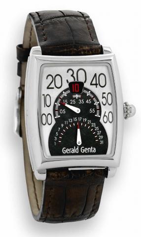 Steel Solo Bi-Retro.G_rald Genta, Solo Bi-Retro, case No. 115575, Ref..BSO.L.10. Made in 2003, sold April 17, 2004..Fine, tonneau-shaped and curved, jump hour, self-winding.water-resistant, stainless steel wristwatch with retrograde.minutes and retrograde