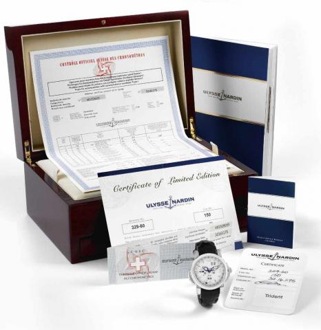Platinum Perpetual Calendar GMT.Ulysse Nardin, Perpetual Calendar- GMT Chronometer, No. 150/500, Ref. 329-60..Made in a limited edition of 500 pieces in 2004..Very fine, self-winding, water-resistant, two time zone, platinum chronometer wristwatch with pe