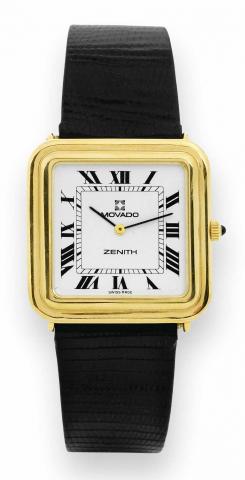 Yellow Gold.Movado _ Zenith, Ref. 30.0470.535. Made in the.1970's..Fine and elegant, square, thin, 18K yellow gold wristwatch.with a gold-plated Movado buckle. Accompanied by a fitted.box..To be sold without reserve