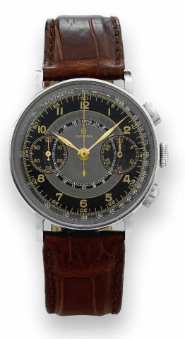 Omega Steel Chronograph.Omega Watch Co., No. 10124003, Ref. CK2709. Made circa.1942 and delivered to Germany on February 2, 1943..Fine and rare, stainless steel Staybrite wristwatch with oval button.chronograph, register, tachometer, telemeter and pulsome