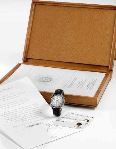 White Gold 25th Anniversary APOLLO XI.Omega, Speedmaster Professional, Chronometer, No. 498/500, movement No. 48311408, Ref. BC 348.0062..Made in a limited edition of 500 examples in 1994..Very fine and rare, asymmetric, 18K white gold wristwatch with rou