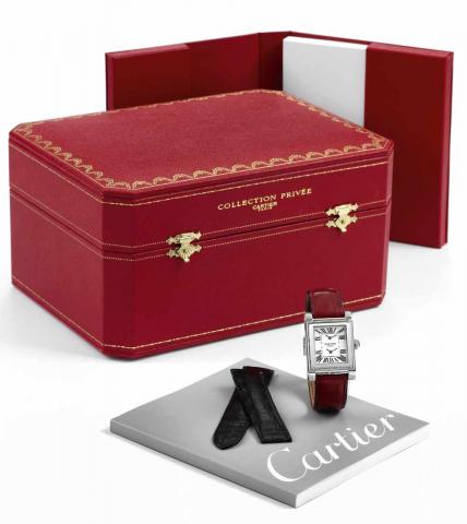 White Gold Two Time Zone.Cartier Paris, Tank Two Time Zone, No. 075 MG, Ref. 2552. Made in 2006, sold June 2007..Very fine and unusual, rectangular, two time zone in one movement, with one-hour increment adjustment system for the second.time zone, 18K whi