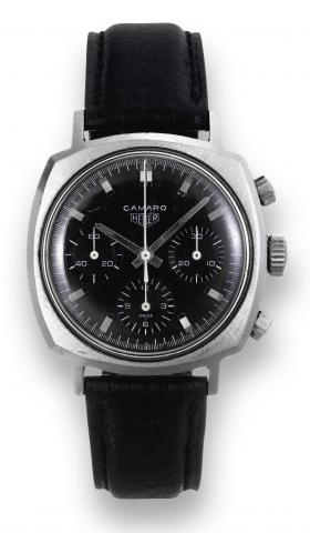 Camaro.Heuer Camaro 12, No. C2952-3, Ref. 7280N..Made in the 1960's..Fine water-resistant, cushion-shaped, stainless steel wristwatch.with round button chronograph and registers.