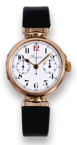 Cal. 13.33.Longines, case No. 2967504. Made circa 1920..Fine and rare, early, 18K pink gold wristwatch with single.button chronograph, register.