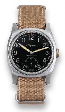 Black Enamel Dial.Aviator Wristwatch.Longines, Anti-magnetique, movement.No. 6643354, case No. 22580..Made circa 1939..Fine and rare, large, cushion-shaped.anti-magnetic, stainless steel military.wristwatch.