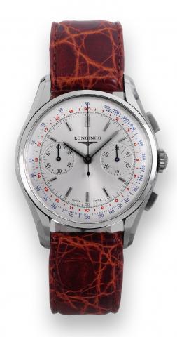 Cal. 30CH, Retour en Vol.Longines, movement No. 13333068, case No..65522, Ref. 12. Made circa 1950..Very fine and rare, large, stainless steel wristwatch with.square button fly-back chronograph, instantaneous 30-minute.register, telemeter, tachometer and 