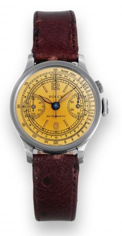 Monopoussoir.Rolex, Antimagnetic, case No. 30069. Made in.the 1930s..Very fine and rare, large, stainless steel Staybrite wristwatch.with olive-shaped single button chronograph, register.tachometer and telemeter.