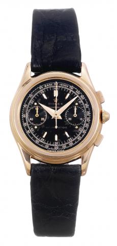 So-called Piccolino.Rolex, Chronographe, Anti-Magnetique, case.No. 848583. Made circa 1950..Very fine and extremely rare, small, 18K pink gold wristwatch.with square-button chronograph, register, black dial with.tachometer scale and a Rolex gold-plated bu