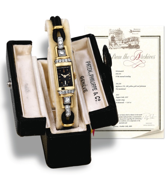 Platinum & Diamonds.Patek Philippe & Co., Geneve, movement No. 840434, case No. 504230., Ref. 279. Made in 1937, sold on August.24th, 1937..Very fine and rare, 18K yellow gold and platinum, diamond-set lady