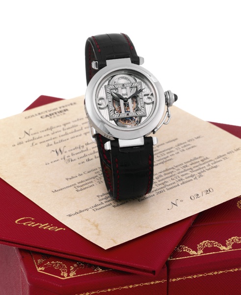 White Gold Pasha Tourbillon.Cartier, Paris, Collection Privee, Pasha de Cartier Tourbillon No. 02/20-2001, Ref. 2542. Made in an exclusive limited.edition of 20 examples in 2001..Extremely fine and rare, water-resistant, 18K white gold wristwatch with vis
