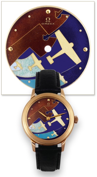 Cloisonne Dial _ Air Force.Omega, movement No. 13834284, case No. 11283234, Ref. OT2687. Made in December 1954..Very fine and very rare, 18K pink gold wristwatch with cloisonn_ enamel dial depicting airplanes in flight..To be sold without reserve