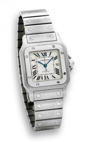 Steel Santos.Cartier, Santos, Automatic, Ref. 2319. Made in.the 1990's..Fine, square, center seconds, self-winding, water-resistant.stainless steel mid-size wristwatch with date and an integrated.stainless steel Cartier link bracelet with double deployant